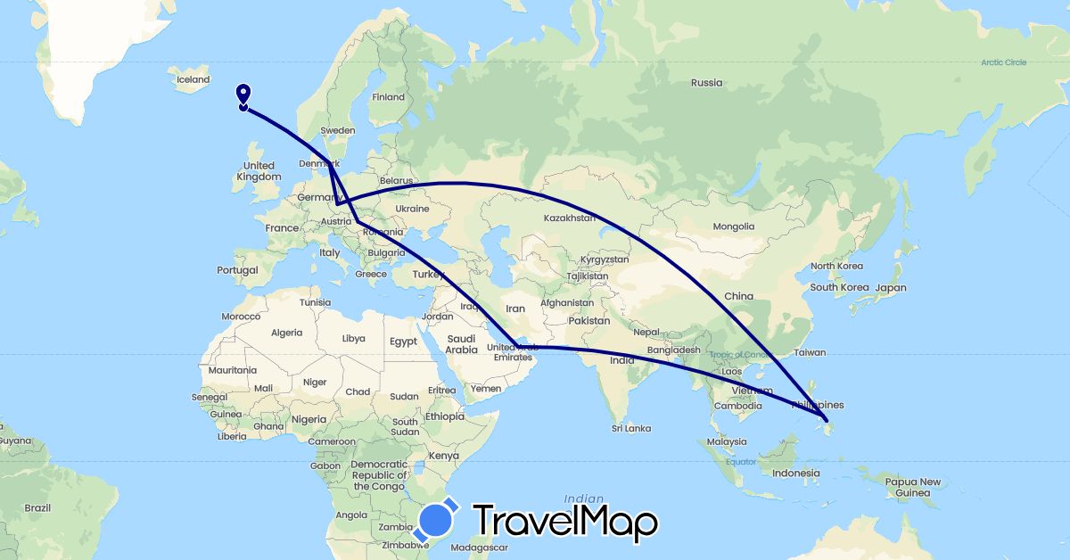 TravelMap itinerary: driving in United Arab Emirates, China, Czech Republic, Denmark, Faroe Islands, Hungary, Philippines (Asia, Europe)